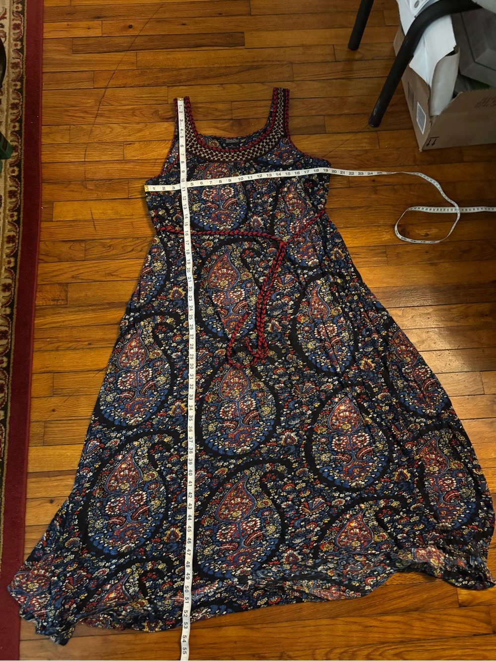 Lucky Brand Red, Navy & Cream Crochet Yoke Maxi Dress and Rope Style Belt